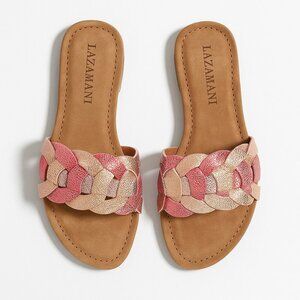 Lazamani Leather Braided Metallic Slide Sandals NWOT EU 39 Rose Pink